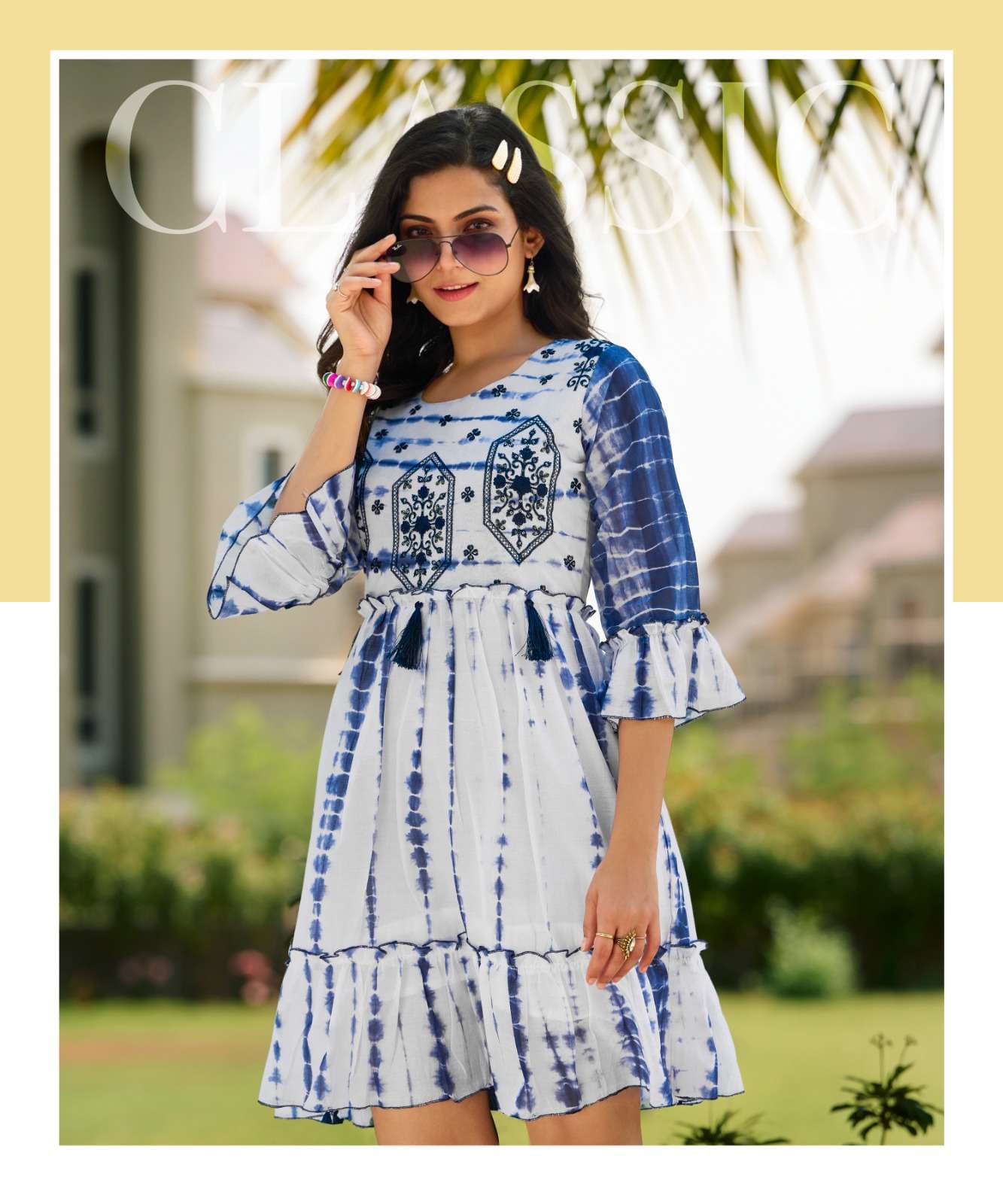 RICHGIRL MULL COTTON SEQUENCE, EMBROIDERY AND HANDWORK FANCY TUNICS WITH SHADES OF SHIBORI PRINT BY RANGJYOT BRAND 1003 C